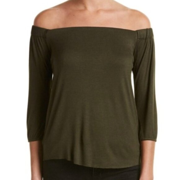 BAILEY 44 ANTHROPOLOGIE ANTHRO Off the Shoulder 3/4 Sleeve Shirt Olive Green Top - Picture 3 of 15